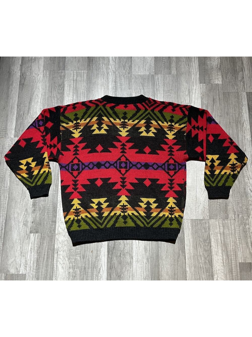 Vintage Women Sweater Aztec Southwestern Knit Pullover Rose Colorful L USA Made